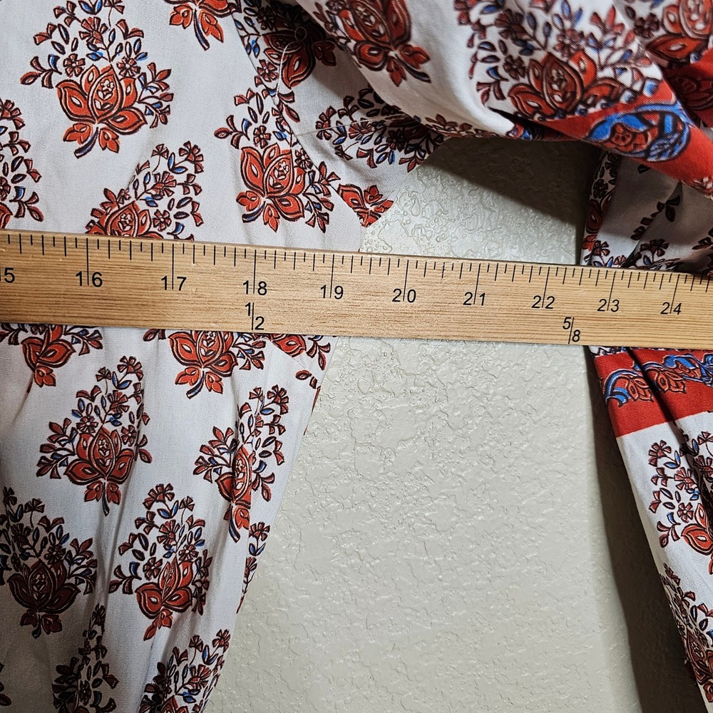 Love Wednesday Savanna BlockPrint Midi Dress Orange Ivory Blue Medium cotton - Picture 12 of 13